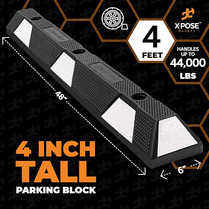 Xpose Safety 48" Heavy Duty Rubber Parking Stopper – 6 Pack Wheel Blocks for Garage, Driveway, or Ramp – Car Bumper Stop with White Reflective Strips – Removable Floor Mount