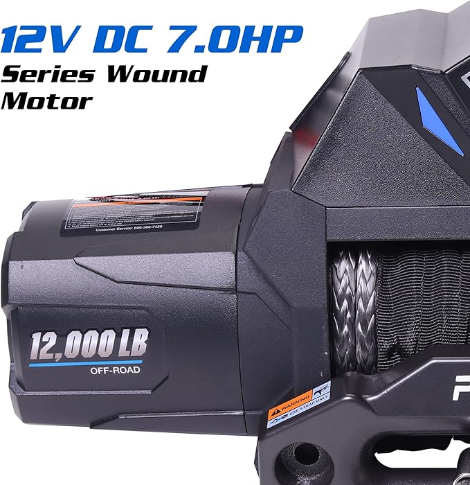 POLESTAR 12V DC 12,000 lb Electric Winch with Waterproof Synthetic Rope 3/8" Diameter x 82' Length, Wireless Remote Control