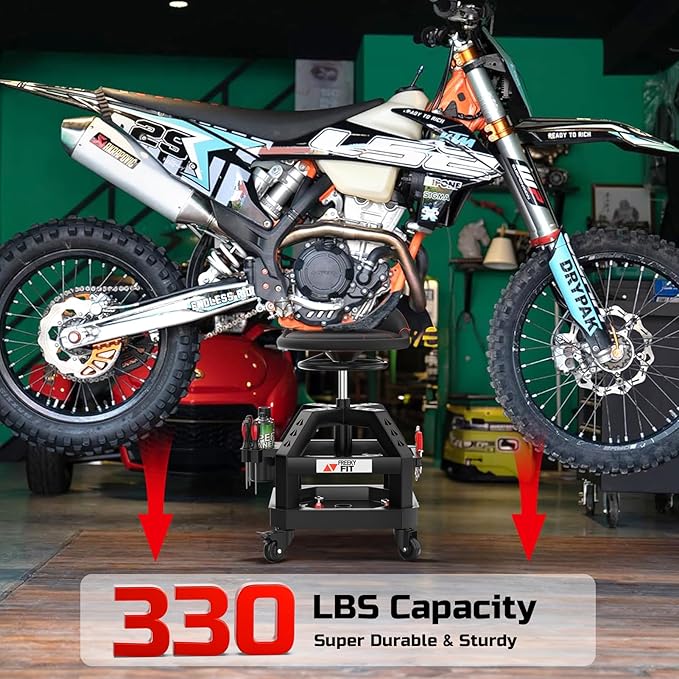 Rolling Shop Stool for Garage with Casters, DO02-Adjustable Height 360° Swivel Shop Seat with Tool Tray Storage, 330 LBS Capacity Padded Mechanic Stool, Magnetic Tool Hold, Heavy Duty, Black