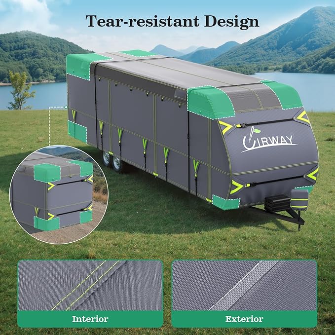 UIRWAY 600D Oxford RV Cover Travel Trailer 24-27ft, Upgraded Waterproof Camper Cover for Toy Hauler, Windproof Rip-Stop Heavy Duty RV Winter, Weatherproof & Anti-UV, 4 Tire Covers,Tongue Jack Cover