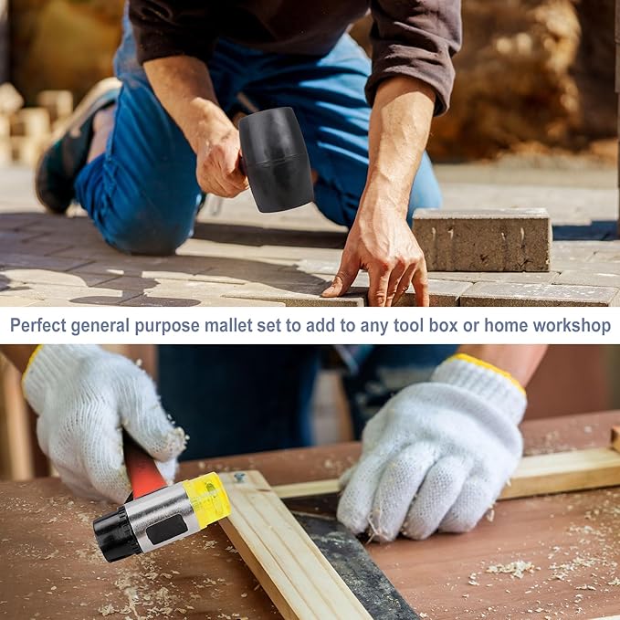 2-Piece Hammer Set - 16 oz Rubber Mallet Hammer and 35 mm Double-Faced Soft Hammer with Solid Head and Soft Grip Fiberglass Handle,2 Piece Rubber Mallet Set