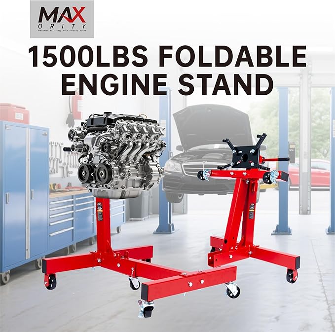 1500 lbs Cast Iron Heavy-Duty Foldable Engine Motor Stand for Vehicle Maintenance and Auto Repair with 360° Rotating Head, 4 Adjustable Arms and 5 Casters