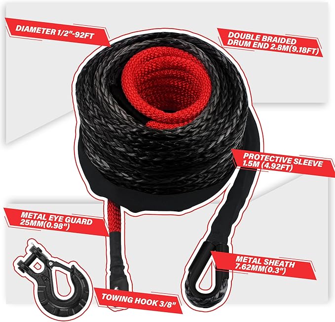 TYT Synthetic Winch Rope Kit - 1/2" x 92' with 32000 lbs Strength, Protective Sleeve, Heavy Duty Hook and Safety Pull Strap for Off-Road 4x4 Vehicles, Trucks (Black)