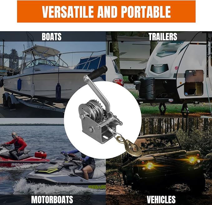 Hand Winch, 600 lbs Pulling Capacity, Boat Trailer Winch Heavy Duty Rope Crank with 23 FT Steel Cable, Manual Operated Hand Crank Winch for Trailer, Boat or ATV Towing