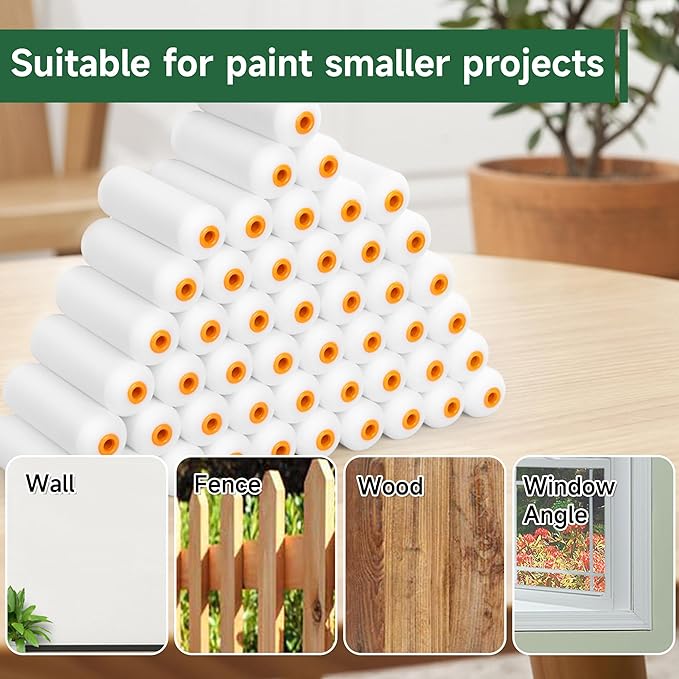 VOOMEY Foam Paint Roller,Small Paint Rollers 4 inch,White Paint Roller Covers,48 Pack,Perfect for Refinish Small Corners,Such as Tables, Window Edges, Fences,Cupboards