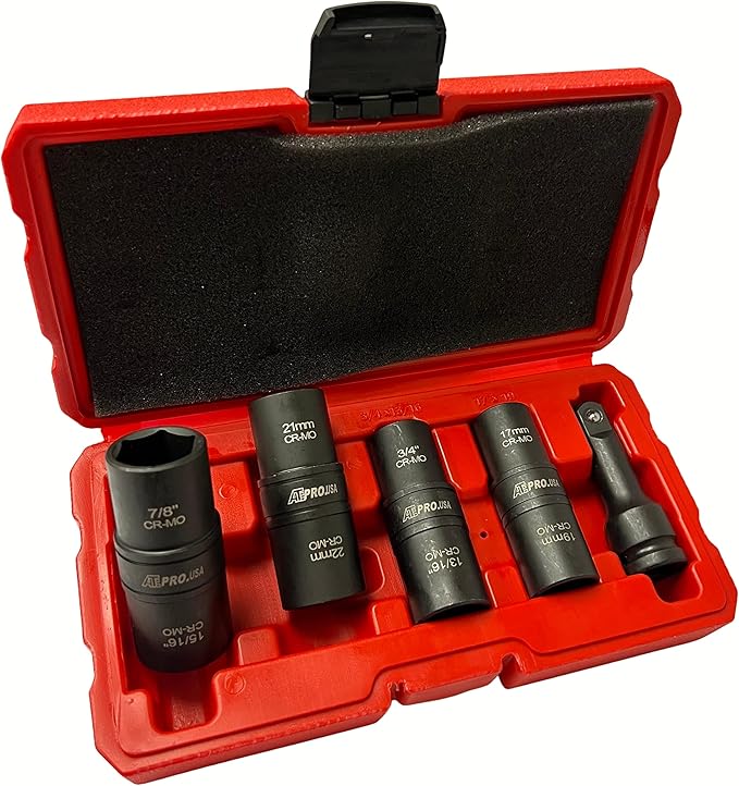 ATE Pro USA. - 5PC 1/2" DR. CR-MO" Thin Wall Flip Impact Socket Set, 8 Standard SAE and Metric Deep Sizes, Includes 3-Inch Extension Bar,