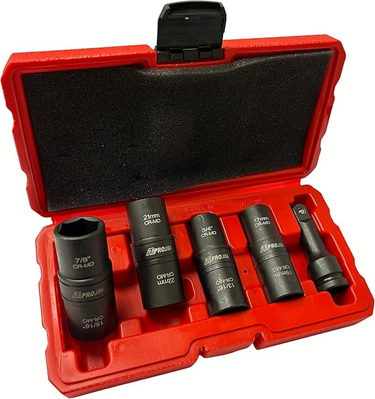 ATE Pro USA. - 5PC 1/2" DR. CR-MO" Thin Wall Flip Impact Socket Set, 8 Standard SAE and Metric Deep Sizes, Includes 3-Inch Extension Bar,