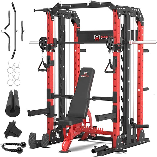 Smith Machine for Home Gym - 2000lbs Capacity All-in-One Power Rack with Cable Crossover, Pull-Up Bar & Dip Station, Includes 18 Attachments, P107 Anvil
