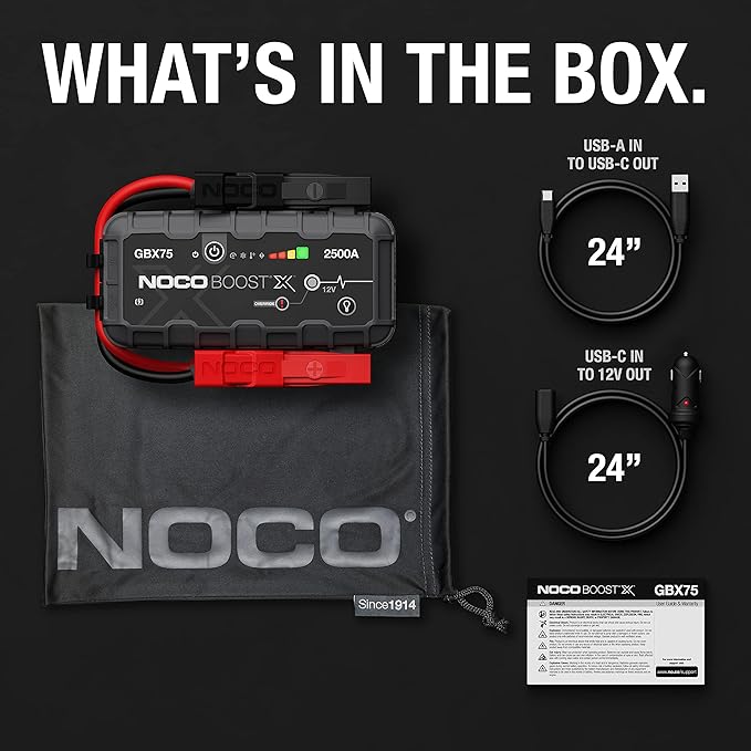 NOCO Boost X GBX75: 2500A UltraSafe Jump Starter – 12V Lithium Battery Booster Pack, Portable Jump Box, Power Bank & Jumper Cables - for 6.5L Gas and 4.0L Diesel Engines