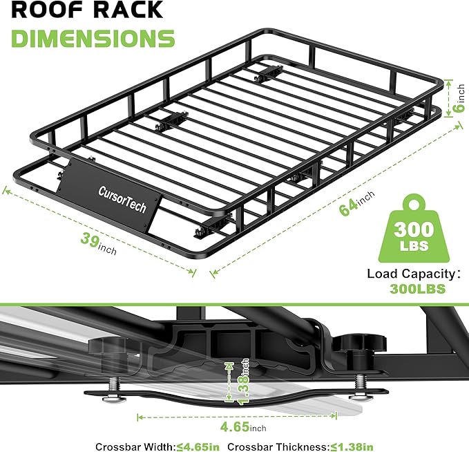 Roof Rack Basket 300LB Universal 64"x 39" Heavy Duty Metal Steel Rooftop Cargo Carrier with 6 U-Bolts Luggage Holder Storage Accessories for SUV, Truck, Pickup, Off-Road, Sedan