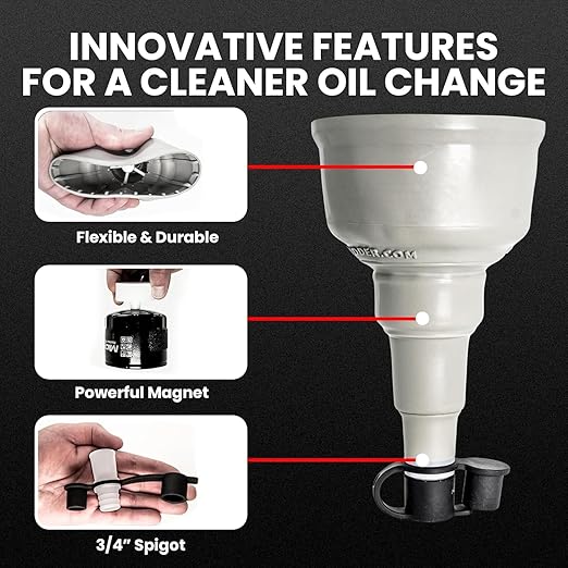 XL Oil Change Tool - Fits Oil Filters Up to 4" Diameter - Spill-Free Oil Filter Funnel with Magnet - Hands Free Magnetic Hold to Filter - Durable Nitrile Rubber Construction for Maximum Grip