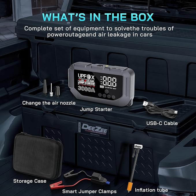 3000A Jump Starter with Air Compressor 12V – Portable Car Jump Starter for 8.0L Gas & 6.0L Diesel Engines, 150PSI Tire Inflator with LED Display, Emergency Jump Box with 3 Light Modes & Jumper Cables