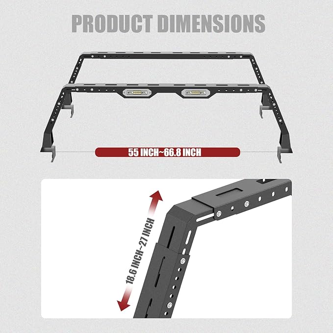 Bed Rack Overland Racks Truck Cargo Carrier with 2 LED Light Bars Compatible with Ford F-150/F-250/F-350, Ram 1500/2500/3500, Chevy Silverado, GMC Sierra, Toyota Tacoma,Tundra, Sequoia, Titan