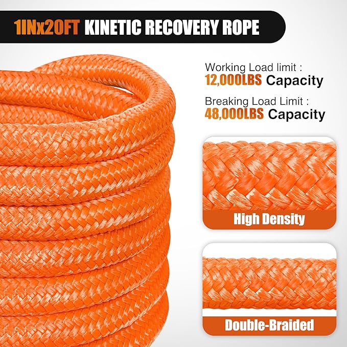 Nilight Kinetic Recovery Rope 48000 LBS 1in x 20ft Snatch Strap Heavy Duty Offroad Towing Starp Kit Vehicle Recovery kit for UTV ATV SUV Truck Car Jeep Tractor