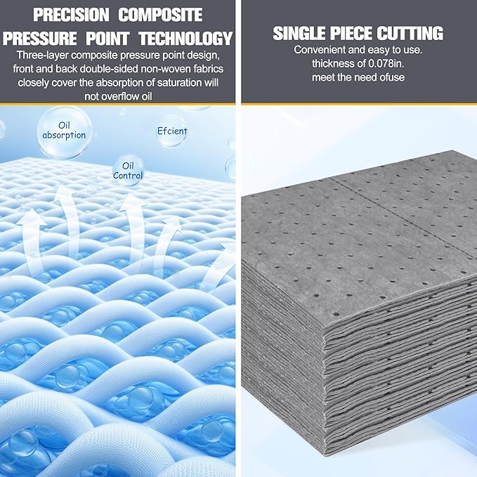 100PC Oil Absorbent Pads | 13"x10" Meltblown Polypropylene Mats, Hand-Tear Lines for Automotive & Workshop | Vacuum Eco-Packaging, Reusable Spill Control