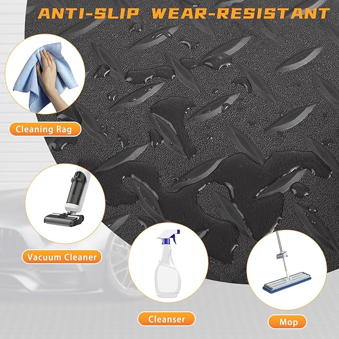 Boshen 5x12FT Garage Floor Mat, 2.5mm Thickened Diamond Plate PVC Rubber & Vinyl Flooring Roll, 60 SQFT Non-Slip Rubber Garage Mat for Floor Under Car Protection - Grey