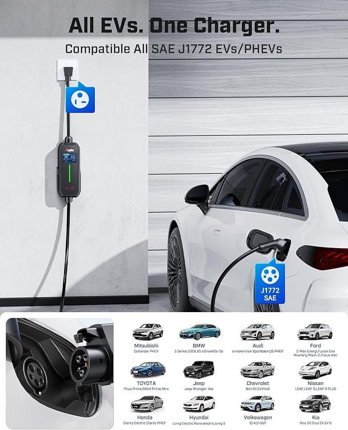 2025 Upgraded Level 1&2 Portable EV Charger, 8-16Amp Adjustable Current & Timer, 110V–240V, NEMA 5-15 & 6-20 Plug, 21Ft EV Charging Cable, J1772 Electric Car Charger for All PHEV/EV Charging Cord