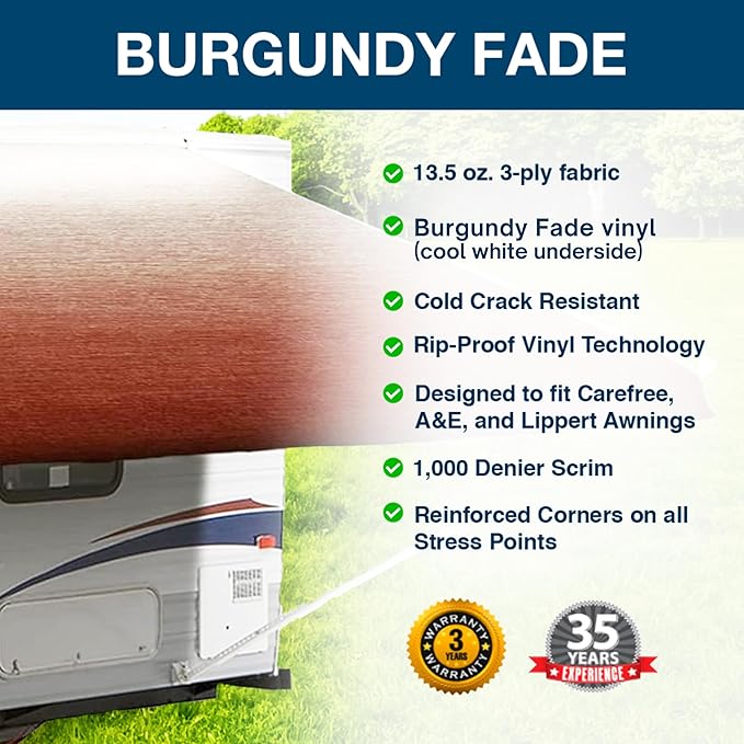 ShadePro - RV Awning Fabric Replacement - Premium Grade Weatherproof Vinyl - Universal Outdoor Canopy for Camper, Trailer, and Motorhome Awnings - Burgundy Fade - 19' (Fabric 18' 2")