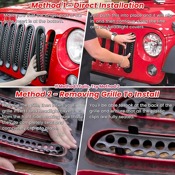 Front Grille Mesh Inserts & Headlight Cover for Jeep Wrangler JK JKU Sport Freedom Rubicon Sahara Unlimited 2007-2018 Exterior Accessories Clip-in Grille Guard Headlight Bezels Trim (Matte Red)