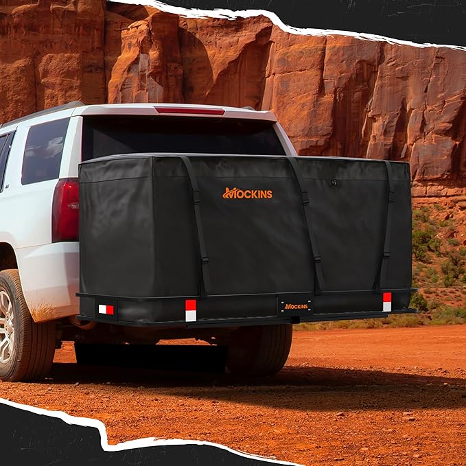 Mockins XXL 40 CuFt Hitch Cargo Carrier Bag Waterproof & All-Weather Set | 70"x30"x33" Abrasion-Resistant Vinyl Cargo Bag for Hitch Carrier | Vehicle Soft-Shell Carriers w/Straps, Lock, & Carry Bag