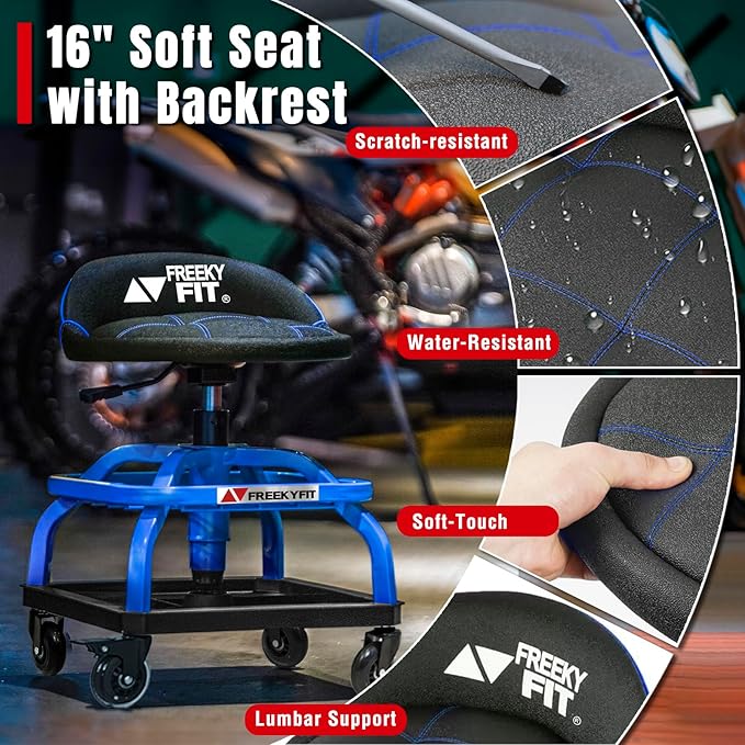 Rolling Shop Stool with Wheels, Garage Work Mechanic Stool with Backrest, Roller Mechanic Chair, Adjustable Height, 360° Swivel, Tool Tray Storage, 330 LBS Capacity, Heavy Duty, Blue