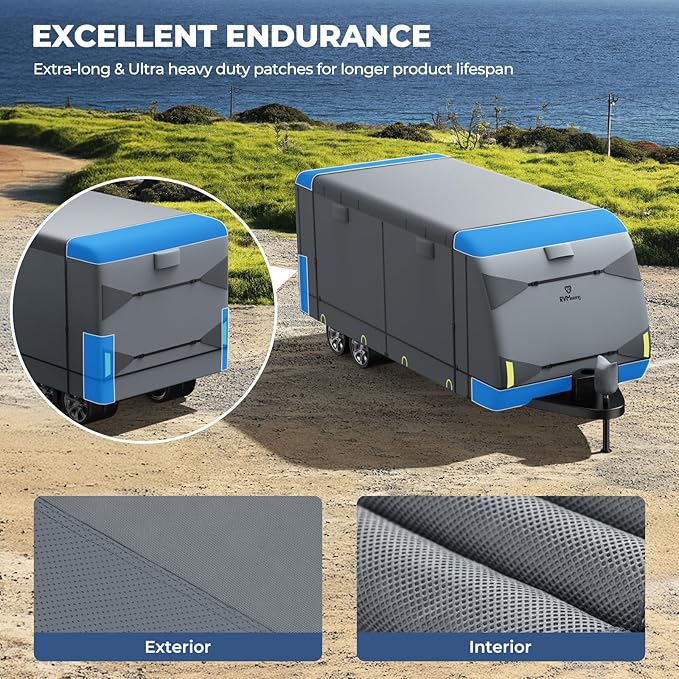 RVMasking Travel Trailer RV Cover 22-24ft, 7 Layers Extra-Thick Camper Cover Waterproof Windproof for Toy Hauler with 4 Tire Covers & Tongue Jack Cover, Durable Trailer Cover for RVs, Medium Gray