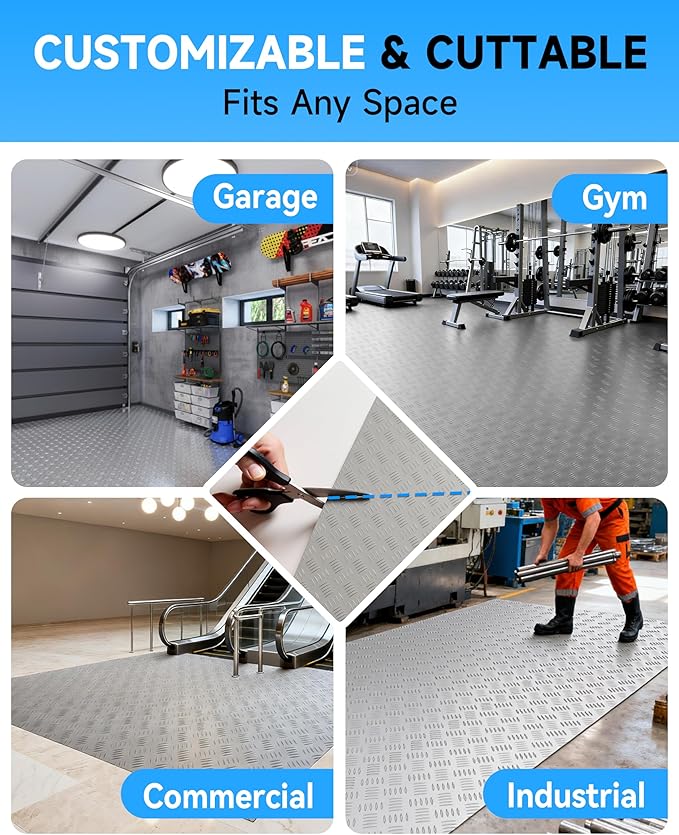 8x20 FT Garage Floor Mat, Thickened Ribbed PVC Garage Flooring Roll for Under Car Heavy Duty & Durable Non-Slip Waterproof Garage Floor Protector for Car, SUV, Pickup, Gym & Basement (Silver)