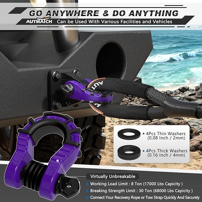 AUTMATCH D Ring Shackles 3/4" Mega Shackle (2 Pack) 68,000Ibs Break Strength - Heavy Duty Clevis Shackles with 7/8" Screw Pin and Isolator Washer for Tow Strap Winch Off Road Vehicle Recovery, Purple