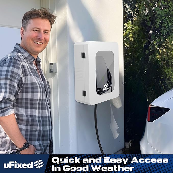 Outdoor EV Charger Enclosure Wall Box with Lock, Tesla & Chargepiont Charger Lock Box with Holder | Weatherproof, Visible, Easy to Install, White