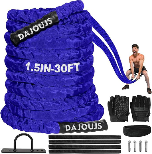 Battle Ropes for Home Gym 1.5Inch Diameter 30FT Lengths Workout Heavy Battle Ropes for Exercise Training Weighted Ropes, Working Out Exercise Equipment with Protective Cove - Blue