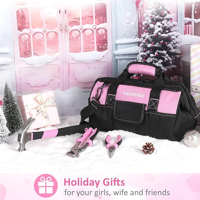 FASTPRO 267-Piece Pink Tool Set, Home Repairing Tool Kit with 13-Inch Wide Mouth Open Bag, Mechanics Hand Tool Kit for DIY, Home Maintenance