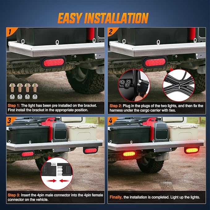 Nilight Hitch Cargo Carrier Oval Light Kit 2PCS 6Inch Red w/Flush Mount Grommet Bracket Harness Waterproof Stop Turn Signal Tail Lights for Luggage Bike Rack Truck Trailer