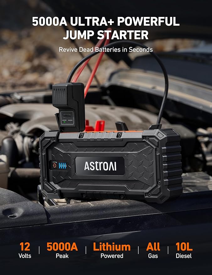 AstroAI S8 Ultra+ Car Battery Jump Starter, 5000A Peak Portable Car Jump Starter for Up to All Gas & 10.0L Diesel Engines, 88.8Wh 12V Jump Box and Battery Charger with USB/DC/Type C Port, Jump Cables