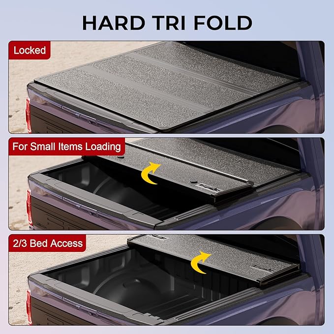 FPR Hard Tri Fold Truck Bed Cover Fits for 15-25 GMC/Chevy Canyon/Colorado Crew SHOR 5.2FT ShoR Bed Heavy-Duty Lock Hard Folding Drill-Free Tonneau Cover Waterproof Fiberglass Design