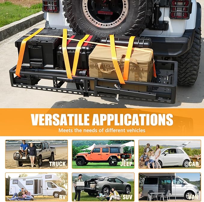 Folding Trailer Hitch Mount Cargo Basket Steel Luggage Carrier Rack Fits 2" Hitch Receiver for SUV Pickup Truck