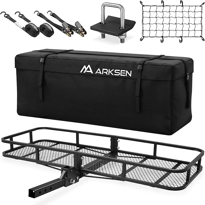ARKSEN 60 x 23 x 5.5 Inch Folding Hitch Cargo Carrier witth Cargo Bag&Net, Hitch Stabilizer, 2 Ratchet Straps, 500 Lbs Capacity Heavy Duty 2 Inch Receiver Luggage Basket for SUV, Pickup Truck