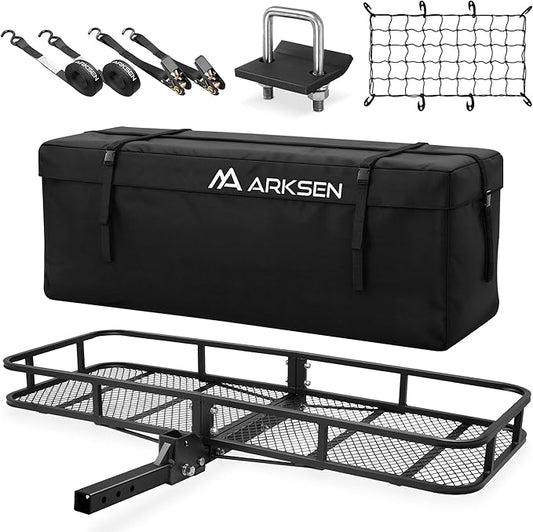 ARKSEN 60 x 23 x 5.5 Inch Folding Hitch Cargo Carrier witth Cargo Bag&Net, Hitch Stabilizer, 2 Ratchet Straps, 500 Lbs Capacity Heavy Duty 2 Inch Receiver Luggage Basket for SUV, Pickup Truck