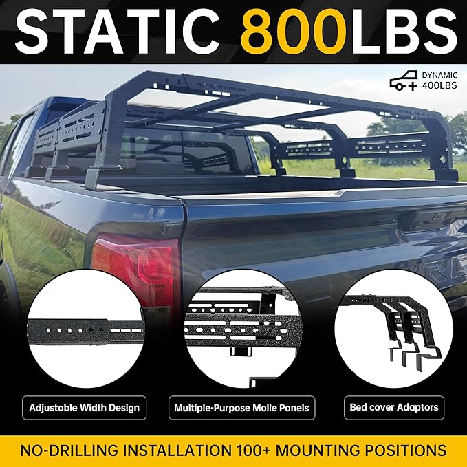 No Drill Steel Truck Bed Rack 13 Inch Overland Cargo Carrier Compatible with Fullsize & Midsize Pickup Trucks