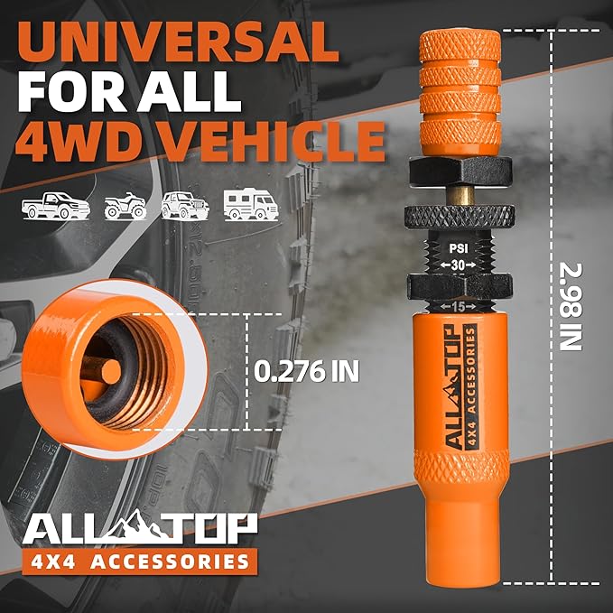 ALL-TOP Adjustable Auto-Stop Tire Deflator Valve Kit (10-30PSI) 4 PCS Tyre Air Down Tool with Screw-On Back-up Valve Caps for Offroad 4x4 (2nd Gen)