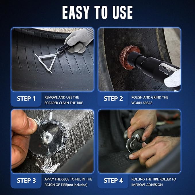 Air Tire Repair Polish Patch Tools, Includes 2500 RPM Low Speed Air Tire Buffer, Inner Liner Scraper, Patch Roller, Tungsten Steel Buffing Wheel with 3 Connector for Tire Grinding Polishing