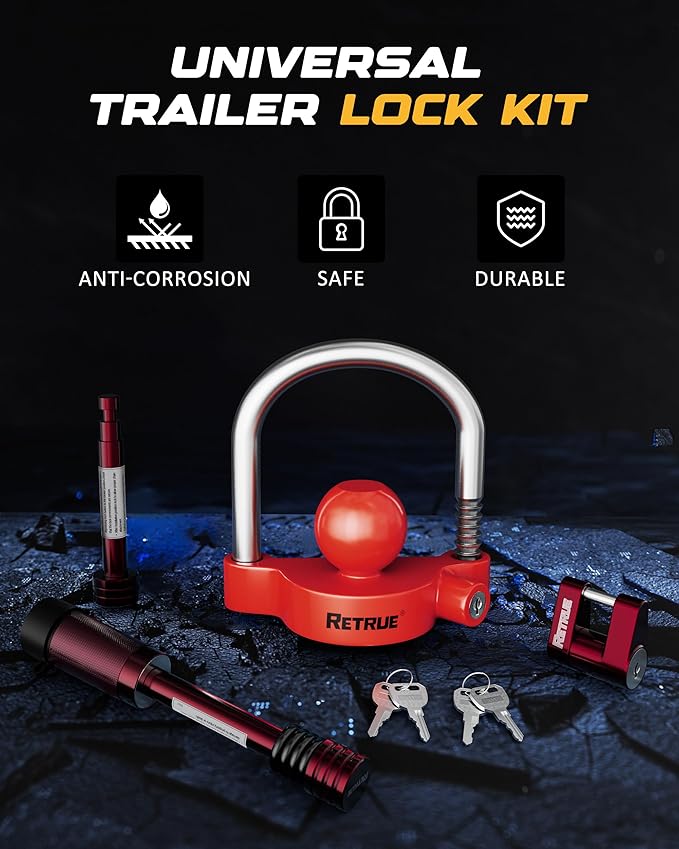 RETRUE Keyed Alike Trailer Lock Set Tow & Store Lock Kit Include Universal Coupler Lock & Dual Hitch Receiver Pin Lock & Trailer Tongue Lock, Red