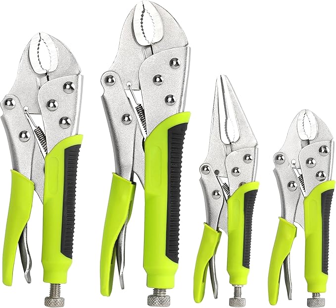 FASTPRO 4-Piece Locking Pliers Set with Heavy Duty Grip, 5", 7" and 10" Curved Jaw, 6-1/2" Long Nose Locking Pliers Included, Vise Grip Wrench Set, Green