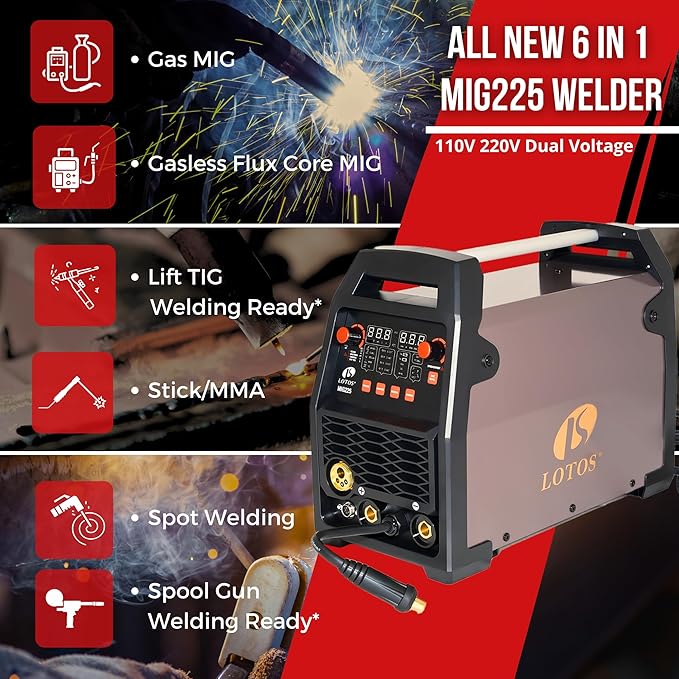 LOTOS MIG225 225A MIG Welder, 6 in 1 Gas MIG, Gasless Flux Core MIG, Stick, Lift TIG, Spot, Spool Aluminum Multi Process Welding Machine, Auto MIG Synergistic Setting & Voltage Fine Tuning, 120/240V