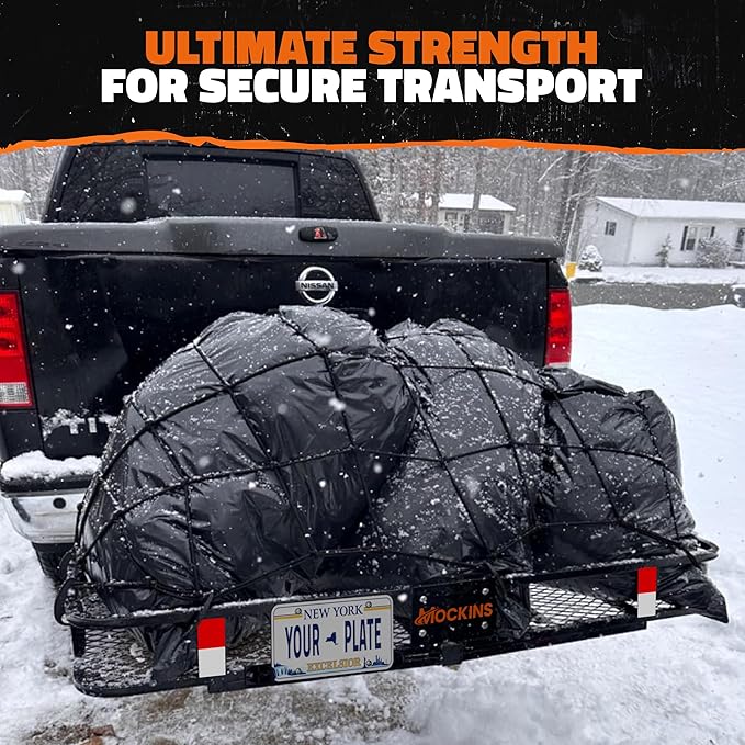Mockins 60"x24"x6" XL Heavy Duty Trailer Hitch Cargo Carrier | 500 Lbs. Cap Luggage Rack for SUV Car Truck | Steel Hitch Rack Cargo Carrier Set w/License Plate Bracket, Straps, Stabilizer, Lock & Net