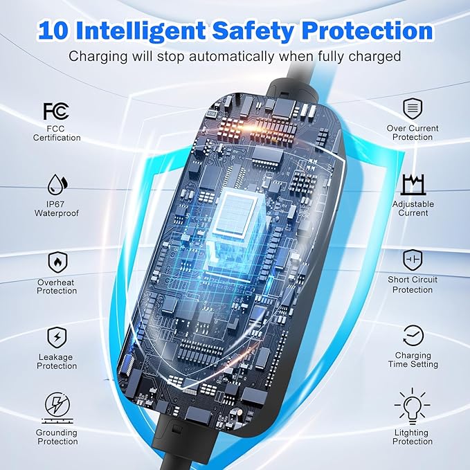 SubSun Adjustable Current, Portable Electric Vehicle Charger with NEMA Plug, Adjustable Current/Delay Charging for SEA J1772 EVs (40A 220V EV Charger, 40A-Level 2(for J1772 EVs)