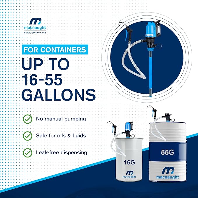 Macnaught BOP Battery Operated Oil Pumps - 16 to 55 Gallon, 5FT Hose, On-Demand Nozzle – for Oil, ATF, Coolant, Hydraulic Fluids – 2 Years Warranty (16-55 Gal Complete Starter Kit)