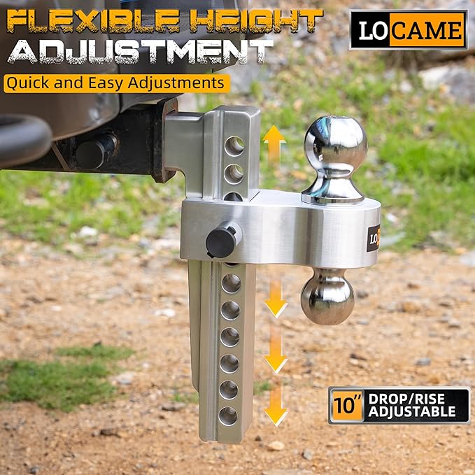 LOCAME Adjustable Trailer Hitch, Fits 2.5-Inch Receiver Only, 10-Inch Drop/Rise Aluminum Drop Hitch,18,500 LBS GTW-Tow Hitch for Heavy Duty Truck with Double Stainless Steel Locks, Silver, LC0009