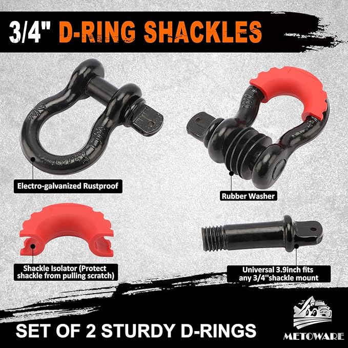 METOWARE Tow Strap Recovery Kit 3" x 30ft, Heavy Duty 35,000lbs Break Strength Tow Strap with 3/4" D Ring Shackles(2pcs) & Storage Bag, Emergency Off Road Towing Rope for SUV, UTV, ATV, Truck