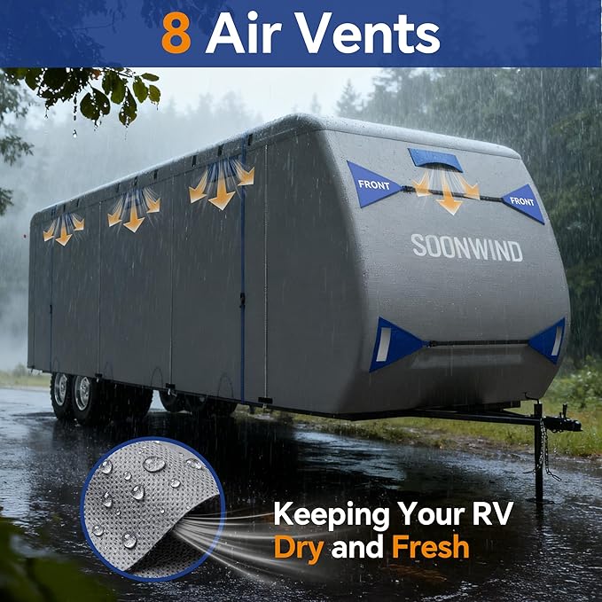 Heavy Duty 7 Layers RV Cover, Camper Cover & Travel Trailer Cover 24-27ft, Waterproof Windproof All-Weather Protection with Tongue Jack Cover, Gutter Covers & Reinforced Straps - Blue