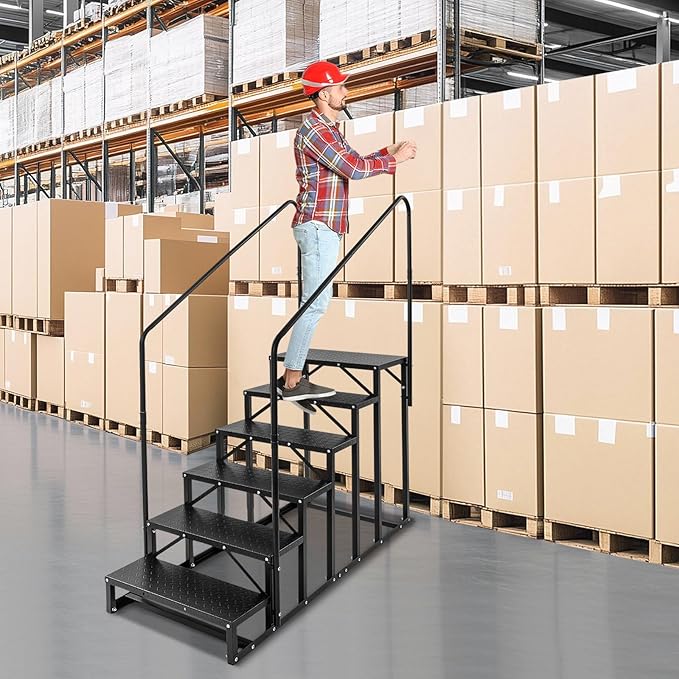 6-Step RV Steps with Handrail, Heavy Duty Carbon Steel Freestanding Outdoor Stairs for RV Camper Mobile Home Pool Hot Tub, Portable Staircase (6 Steps)